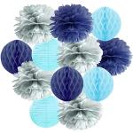 Hängedekoration 12 teilig Mix - Lampions, Wabenbälle / Honeycombs, Pompoms (blau / hellblau / silber)