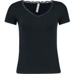 Schwarze Kurzärmelige HAILY’S V-Ausschnitt T-Shirts aus Spitze für Damen Größe XS 