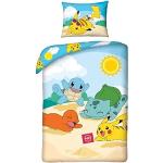 Halantex Bettwäsche Bettgarnitur Pokemon Pikachu Kinder 2 TLG. Bett Set 140x200 +70x90 cm Kissenbezug Beige Blau Gelb Baumwolle Öko-Tex