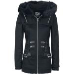 Schwarze Gothic Jacken mit Fellkapuze mit Reißverschluss aus Fleece mit Kapuze für Damen Größe XS für den für den Herbst 
