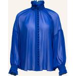 Blaue Langärmelige Stehkragen Festliche Blusen mit Rüschen aus Chiffon für Damen Größe S 