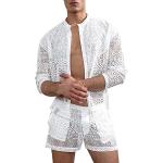 Weiße Karo Kurzärmelige Wasserdichte Winddichte Atmungsaktive Henleykragen Hawaiihemden mit Reißverschluss aus Softshell für Herren Übergrößen für den für den Sommer 