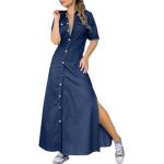 Hellblaue Kurzärmelige Kleider mit Schlitz aus Denim für Damen Größe 5 XL für den für den Sommer 