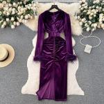 Violette Elegante Midi V-Ausschnitt Bandage-Kleider & Bodycon-Kleider aus Samt für Damen Größe XXL Große Größen für Partys für den für den Sommer 