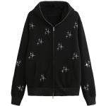 Schwarze Sterne Vintage Langärmelige Damensweatshirts mit Strass mit Reißverschluss aus Kunstfell Handwäsche Übergrößen für den für den Herbst 