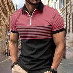 Rosa Gestreifte Kurzärmelige Kurzarm-Poloshirts mit Reißverschluss aus Polyester für Herren Größe 3 XL für den für den Sommer 
