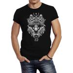 Schwarze Ethno Neverless T-Shirts mit Wolfmotiv aus Baumwolle für Herren Größe 3 XL 