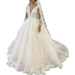 Elfenbeinfarbene Elegante V-Ausschnitt Brautkleider Prinzessin mit Glitzer mit Knopf aus Tüll für Damen Größe XXL Große Größen 