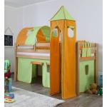 Hochbett ALEX Kinderbett Spielbett Bett Natur Stoffset Grün/Orange, Matratze:ohne