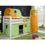 Hochbett ALEX Kinderbett Spielbett Bett Weiß Stoffset Grün/Orange, Matratze:ohne