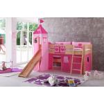 Hochbett KIM Kinderbett Spielbett Bett inklusive Rutsche Stoffset Buche Herz Pink/Rosa