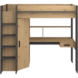 Hochbett mit Schreibtisch + Kleiderschrank - 90 x 200 cm - Naturfarben & Anthrazit - AUCKLAND