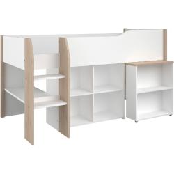 Hochbett mit Schreibtisch & Stauraum - 90 x 200 cm - Weiß & Eichefarben - MARIA