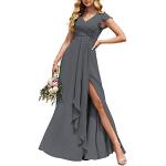 Graue Elegante Maxi V-Ausschnitt Abendkleider rückenfrei mit Rüschen aus Chiffon für Damen Größe M Große Größen für Brautjungfern für den für den Sommer 