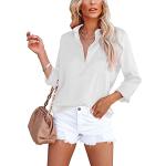 Weiße Unifarbene Casual Langärmelige V-Ausschnitt Festliche Blusen mit Meer-Motiv aus Satin für Damen Größe XXL für den für den Sommer 