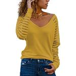 Gelbe Gestreifte Casual Langärmelige V-Ausschnitt T-Shirts aus Mesh für Damen Größe L für den für den Sommer 