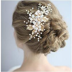 HONEY BEAR Damen Brautschmuck Blume Haarkämme Haar Klammern für Hochzeit, Kristall Strass mit Simulierte Perlen Haarschmuck, weiß,MEHRWEG (Gold Blatt Blume)