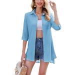 Hellblaue Oversize 3/4-ärmelige V-Ausschnitt Transparente Blusen & durchsichtige Blusen aus Musselin für Damen Größe XL für den für den Frühling 