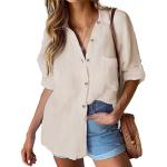 Beige Oversize Langärmelige V-Ausschnitt Transparente Blusen & durchsichtige Blusen aus Baumwolle für Damen Größe XXL für den für den Herbst 