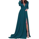 Petrolfarbene Elegante Langärmelige Maxi V-Ausschnitt Lange Abendkleider aus Chiffon für Damen Größe XS für Brautjungfern für den für den Sommer 
