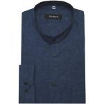Dunkelblaue Unifarbene Langärmelige Stehkragen Stehkragenhemden mit Knopf aus Leinen für Herren Größe 5 XL für den für den Frühling 