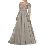Silberne Elegante Langärmelige Maxi V-Ausschnitt Lange Abendkleider aus Tüll für Damen Übergrößen für Hochzeitsgäste 