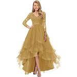 Goldene Elegante Langärmelige Maxi V-Ausschnitt Lange Abendkleider aus Tüll für Damen Größe S 