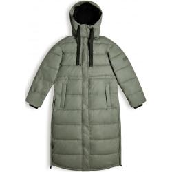 Olivgrüne Maxi Damensteppmäntel & Damenpuffercoats mit Kapuze für den Winter 