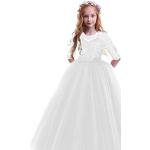 Reduzierte Weiße Bestickte Elegante 3/4-ärmelige Kinderfestkleider mit Reißverschluss aus Tüll für Mädchen 