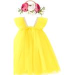 Gelbe Blumenmuster Ärmellose Kinderfestkleider mit Pailletten aus Baumwollmischung für Babys für den für den Sommer 