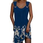 Blaue Blumenmuster Elegante Langärmelige V-Ausschnitt Sweatkleider mit Knopf aus Tüll für Damen Größe L für den für den Sommer 
