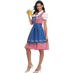 IMEKIS Damen Deutsch Dirndl Kleid Oktoberfest Kostüm Bayerische Traditionelle Bier Festlich Outfit Kurzarm Kariert Kleid mit Schürze Fancy Halloween Karneval Kostüm Blau XL