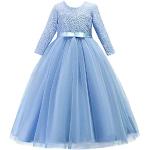 Himmelblaue Elegante Langärmelige Maxi Rundhals-Ausschnitt Kinderfestkleider mit Reißverschluss aus Tüll für Mädchen 