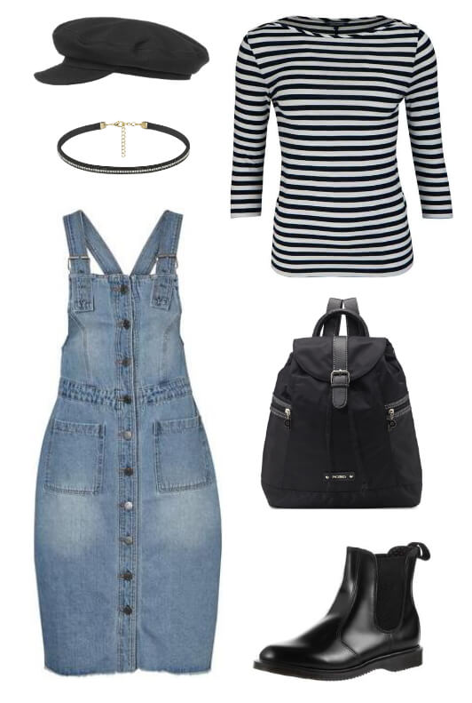 Outfit aus Jeans-Latzkleid, Streifenshirts und Boots