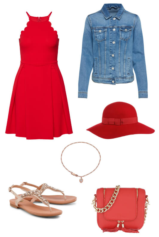 Rotes Cocktailkleid mit Jeansjacke, rotem Hut, Micro-Bag, Fußkettchen und Sandalen