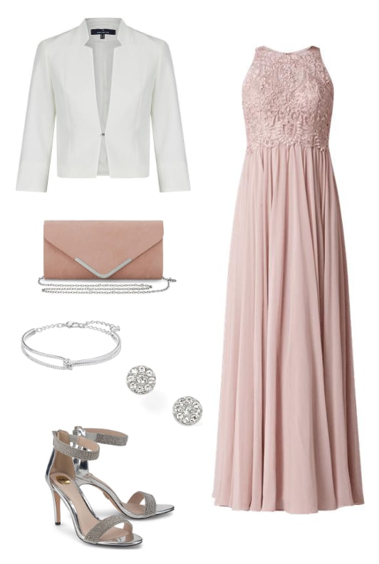 Altrosa Kleid mit weißem Blazer, rosa Clutch und Accessoires aus Silber