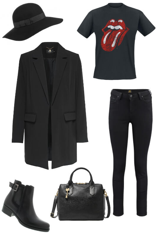 Schwarzer Oversize Blazer, T-Shirt und Jeans mit schwarzen Accessoires