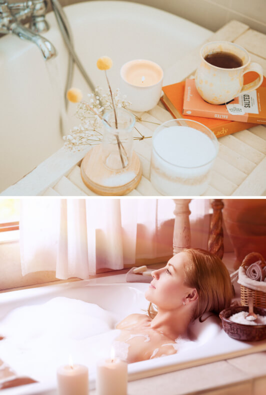 Badewannenbrett aus Holz mit Kerzen, Teetasse und Vasen und Frau in Badewanne mit Dekoration