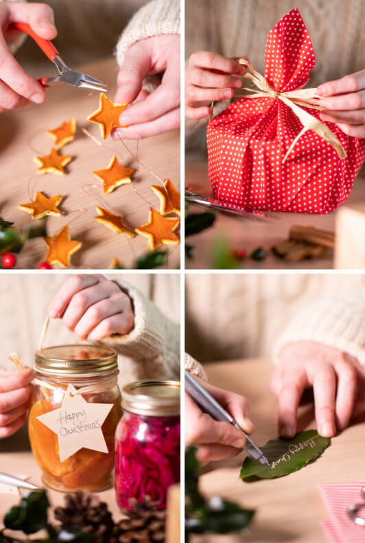 Weihnachtsgeschenke in nachhaltiger Verpackung aus Tüchern, Glas und Dekoration aus Orangenschalen und Blättern