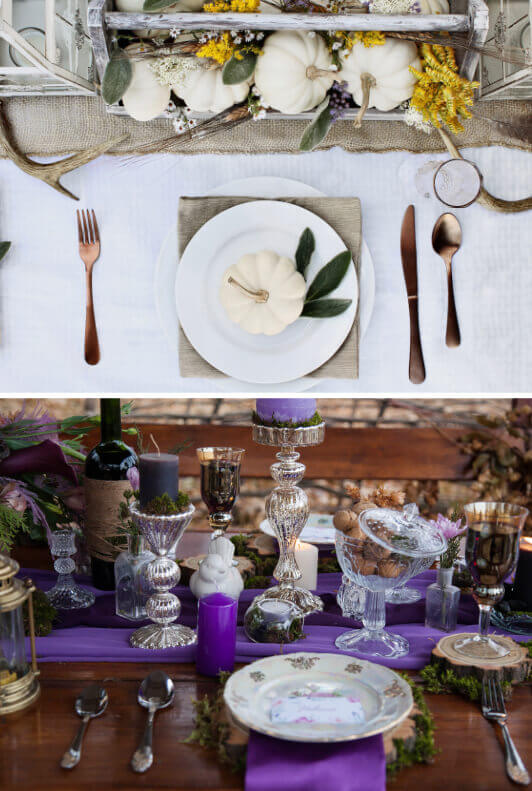 Tischdeko mit weißem Geschirr, goldenem Besteck und weißen Kürbissen und Tischdeko mit Moos und Tischläufer und Kerzen in Lila