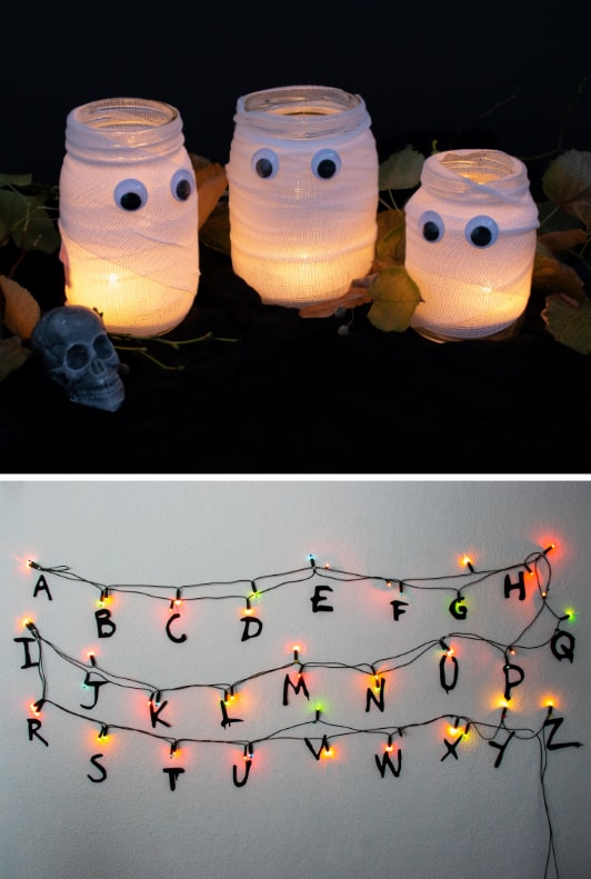 Halloween-Lichter und bunte Lichterkette mit Buchstaben 