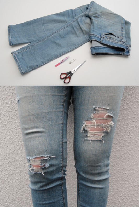 Jeans mit Schere, Schleifpapier, Nadel und Pinzette, Destroyed-Jeans