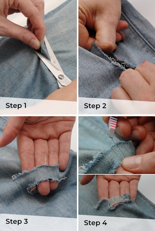 Jeans wird angeschnitten und aufgerissen und Fäden mit Pinzette gezupft