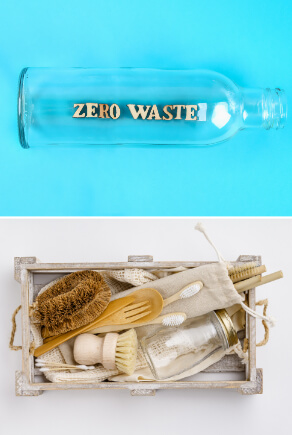 Nachhaltige Kosmetikprodukte aus Bambus und Holz, Flasche mit Zero Waste Logo