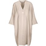 Beige 3/4-ärmelige V-Ausschnitt Tunika-Kleider mit Knopf aus Leinen für Damen Größe M für den für den Sommer 