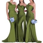 Olivgrüne Elegante Maxi One Shoulder Lange Abendkleider aus Satin für Damen Größe M für Brautjungfern für den für den Winter 