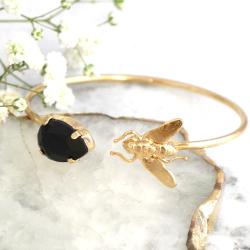 Insekten Schmuck, Insekt Kristall Armband, Gold Schwarz Open Cuff Geschenk Für Sie, Fly Trendy Gothic Armband
