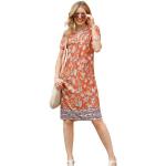 Orange Paisley Kurzärmelige Rundhals-Ausschnitt Sommerkleider aus Viskose für Damen Größe XXL 