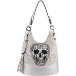 Silberne Totenkopf Handtaschen mit Totenkopfmotiv mit Reißverschluss aus Kunstleder mit Handyfach für Damen 
