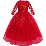 Rote Bestickte 3/4-ärmelige Maxi Kinderfestkleider mit Pailletten mit Reißverschluss aus Tüll für Mädchen 